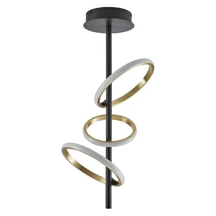 Lucande Deckenleuchte Madu - schwarz, messing / gold - Schwarze LED-Deckenleuchte mit drei gold-weißen Ringen, die eine zentrale Stange spiralförmig umgeben.