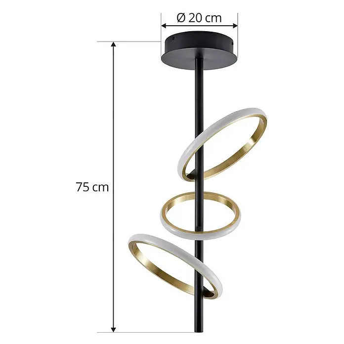 Lucande Deckenleuchte Madu - schwarz, messing / gold - Schwarze Deckenlampe mit drei weißen und goldenen Ringen. Maße: 75 cm hoch, Ø 20 cm Basis.