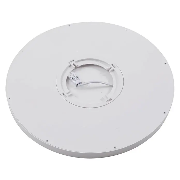 Lindby Deckenleuchte Pravin - L x B x H: 40 x 40 x 2,5 cm, weiß / opal, weiß / opal - Unterseite einer weißen runden LED-Deckenleuchte mit L-N-Anschlussklemme und Kabel.