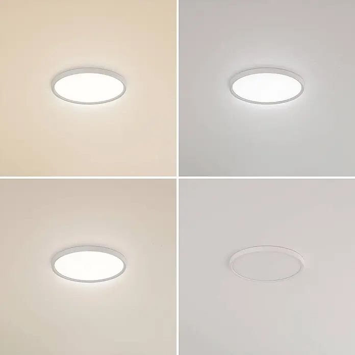 Lindby Deckenleuchte Pravin - L x B x H: 40 x 40 x 2,5 cm, weiß / opal, weiß / opal - Runde weiße LED-Deckenleuchte mit einstellbarer Farbtemperatur, ein- und ausgeschaltet gezeigt.