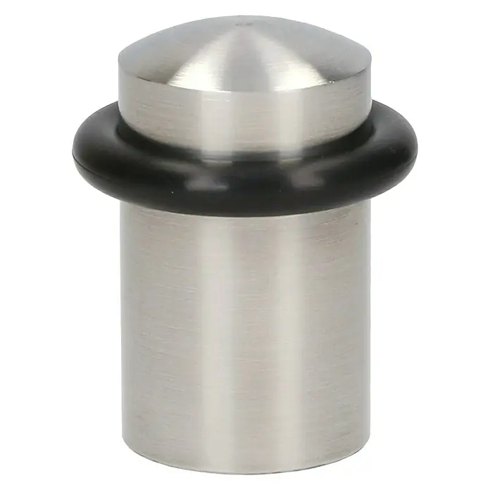 Türstopper - Ø x H: 35 x 46 mm - Nahaufnahme eines eleganten, runden Türstoppers aus gebürstetem Edelstahl mit einem stoßdämpfenden schwarzen Gummiring.