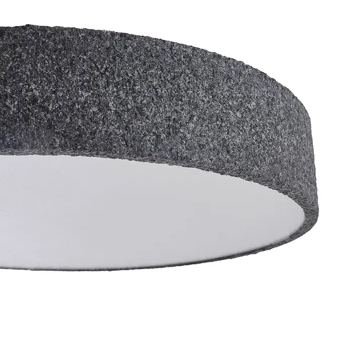 Lindby Deckenleuchte Elmor - alu / grau / zink - Nahaufnahme einer runden, grau strukturierten LED-Deckenleuchte mit weißem Diffusor.