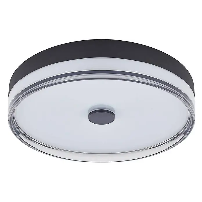Lindby Deckenleuchte Aldorin - schwarz - Runde Deckenleuchte mit schwarzem Sockel, weißem Diffusor und klarem Acrylrand, mit dunklem Mittelakzent.