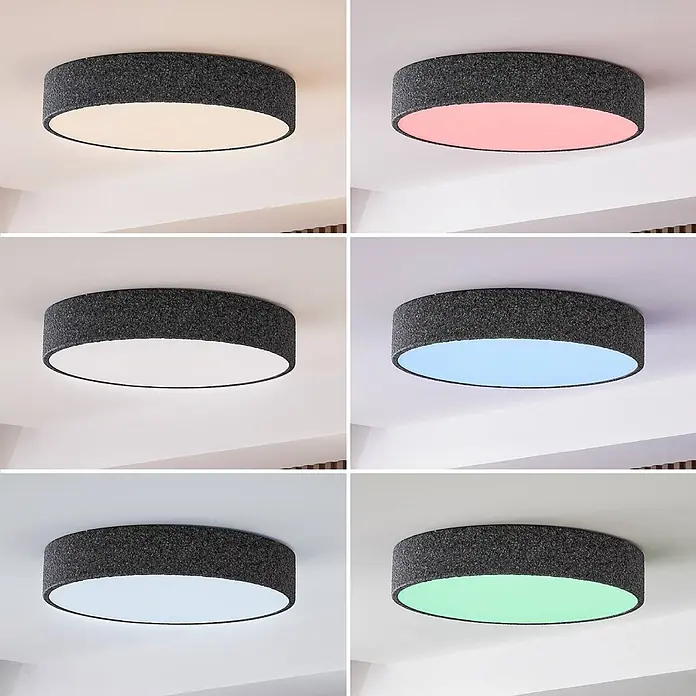 Lindby Deckenleuchte Elmor - alu / grau / zink - Runde Deckenleuchte aus dunkelgrauem Stoff, in verschiedenen Lichtfarben dargestellt.