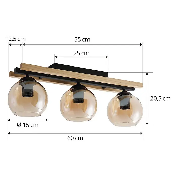 Lindby Deckenleuchte Enrique - schwarz, creme / amber, E27 - Deckenlampe mit drei runden bernsteinfarbenen Glasschirmen, hellem Holzbalken und schwarzer Metallhalterung.