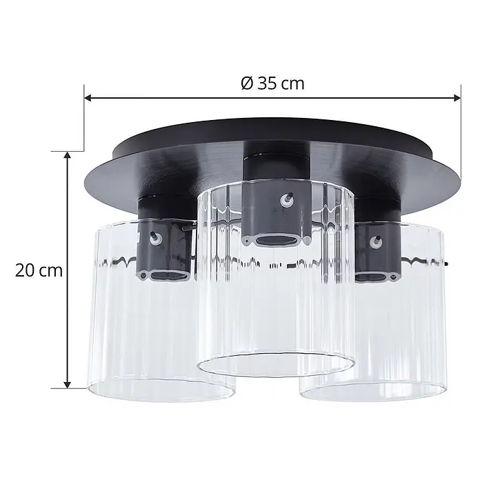 Lucande Deckenleuchte Eirian - L x B x H: 35 x 35 x 20 cm, schwarz, klar / transparent, E27 - Schwarze Deckenleuchte mit 3 klaren, geriffelten Glasschirmen, Ø 35 cm, H 20 cm.