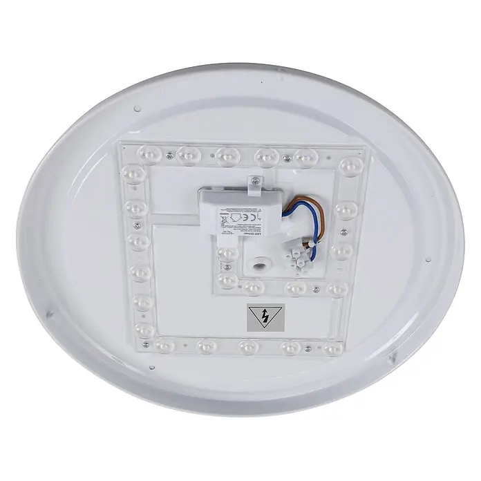 Lindby Deckenleuchte Astera - weiß / opal - Innenansicht einer weißen LED-Deckenleuchte, mit Treiber, Verkabelung und rechteckiger LED-Anordnung.