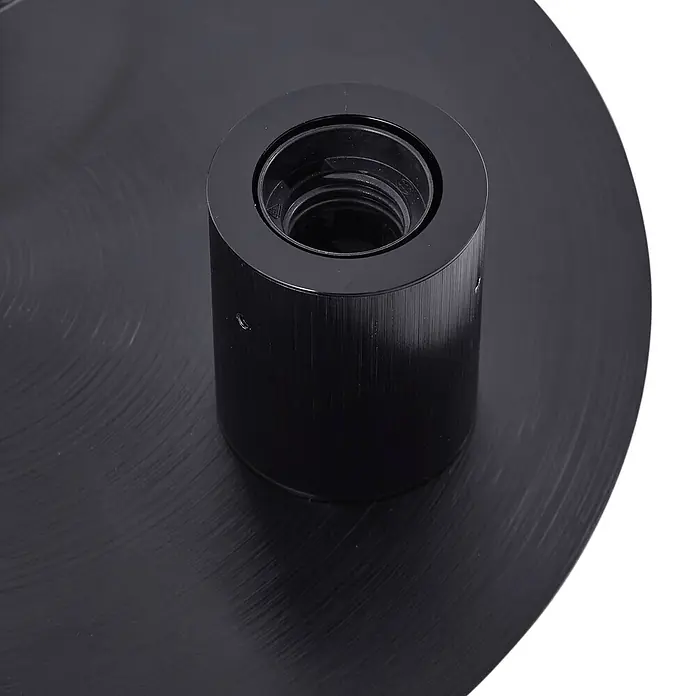 Lucande Deckenleuchte Eirian - L x B x H: 35 x 35 x 20 cm, schwarz, klar / transparent, E27 - Schwarzes zylindrisches Bauteil mit Innengewinde auf einer gebürsteten Metallbasis.