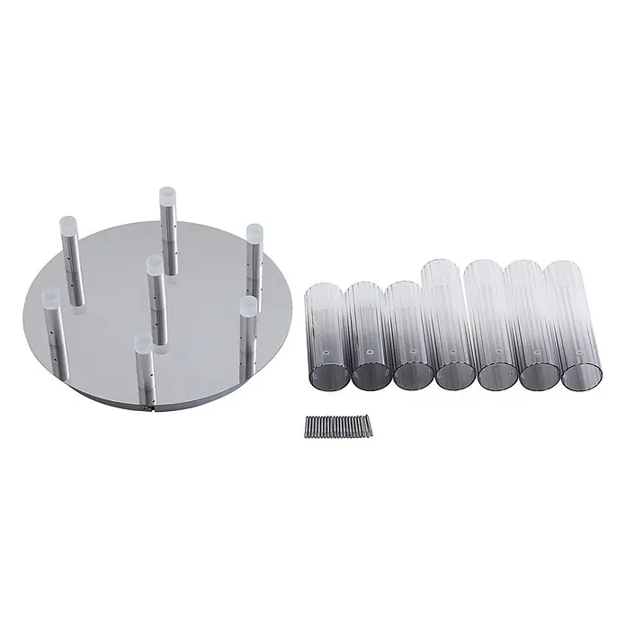 Lucande Deckenleuchte Korvitha - alu / grau / zink - Bauteile für eine moderne Hängelampe: runde polierte Metallbasis mit Stäben, gerippte zylindrische getönte Glas-Schirme und Schrauben.
