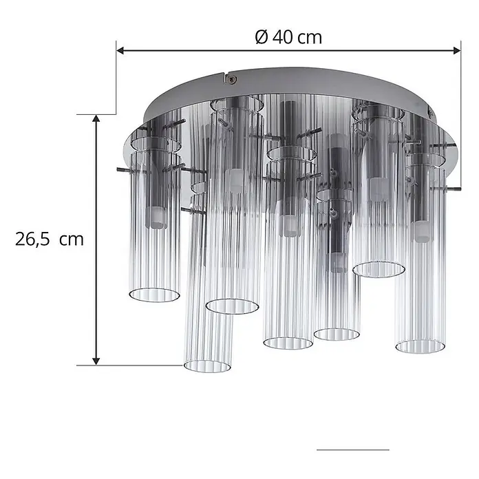 Lucande Deckenleuchte Korvitha - alu / grau / zink - Runde Deckenleuchte mit silberner Basis und mehreren klaren geriffelten Glasröhren. Maße: Ø 40 cm, H 26,5 cm.