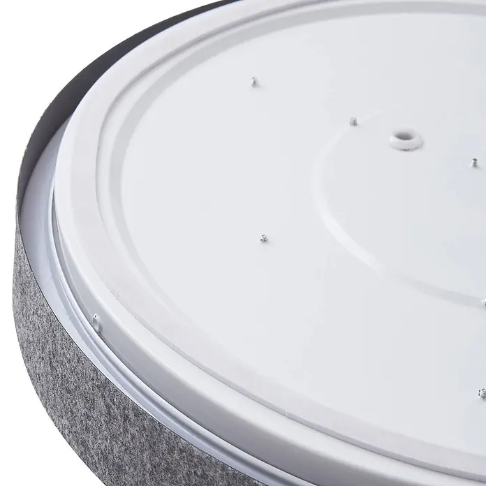 Lindby Deckenleuchte Elmor - alu / grau / zink - Runde Deckenleuchtenbasis mit weißer Oberfläche, kleinen LEDs, Schaumstoffdichtung und grauem Filzrand.