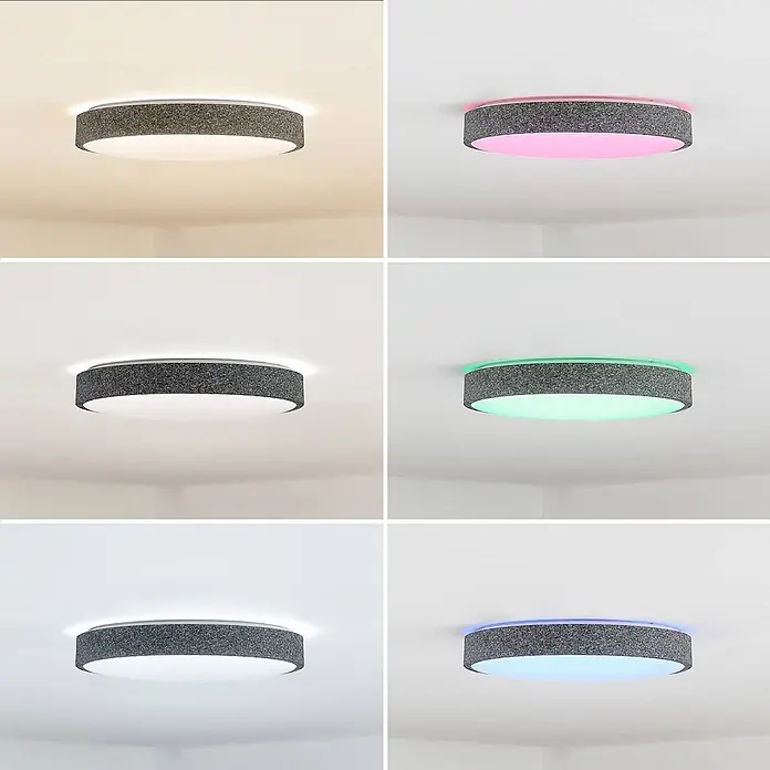 Lindby Deckenleuchte Elmor - alu / grau / zink - Runde Deckenleuchte mit dunkelgrauem Stoffband und farbwechselnder LED-Funktion, verschiedene Lichtfarben zeigend.