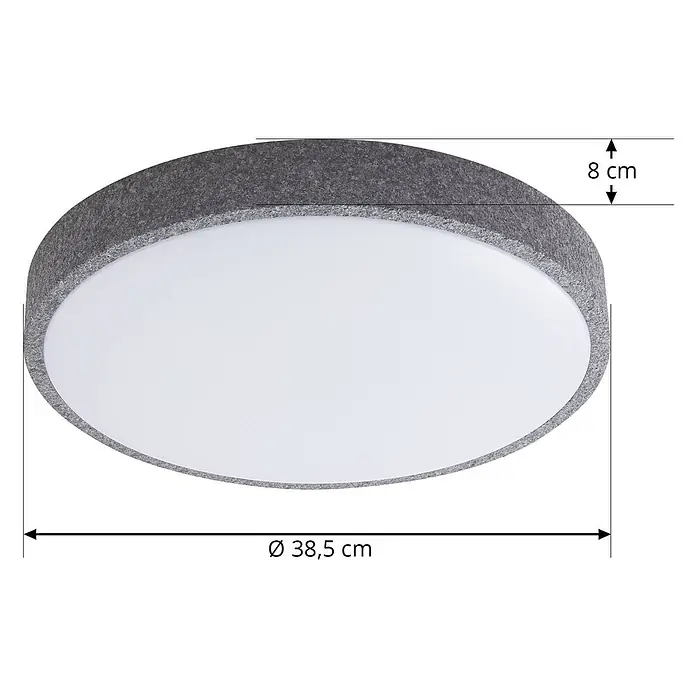 Lindby Deckenleuchte Elmor - alu / grau / zink - Runde Deckenleuchte mit grauem Filzrand und weißem Diffusor. Durchmesser 38,5 cm, Höhe 8 cm.