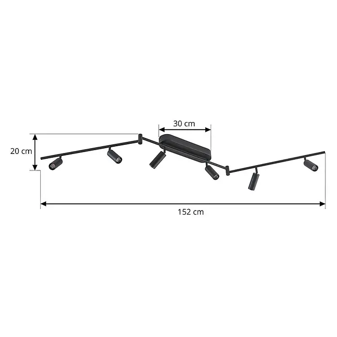 Lindby Deckenleuchte Eldrin - schwarz, schwarz - Schwarze Metall-Schienenleuchte mit sechs verstellbaren Strahlern, 152 cm lang und 20 cm hoch.