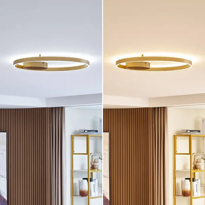 Lucande Deckenleuchte Moise - L x B x H: 60 x 60 x 5 cm, messing / gold - Goldene ovale Deckenleuchte an der Decke, die kühle und warme weiße Beleuchtung zeigt.
