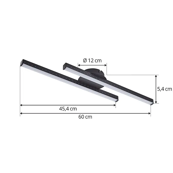 Lindby Deckenleuchte Aurendor - schwarz - Schwarze LED-Deckenleuchte mit zwei verstellbaren linearen Armen, 60 cm Gesamtlänge und 5,4 cm Höhe. Basis-Ø 12 cm.