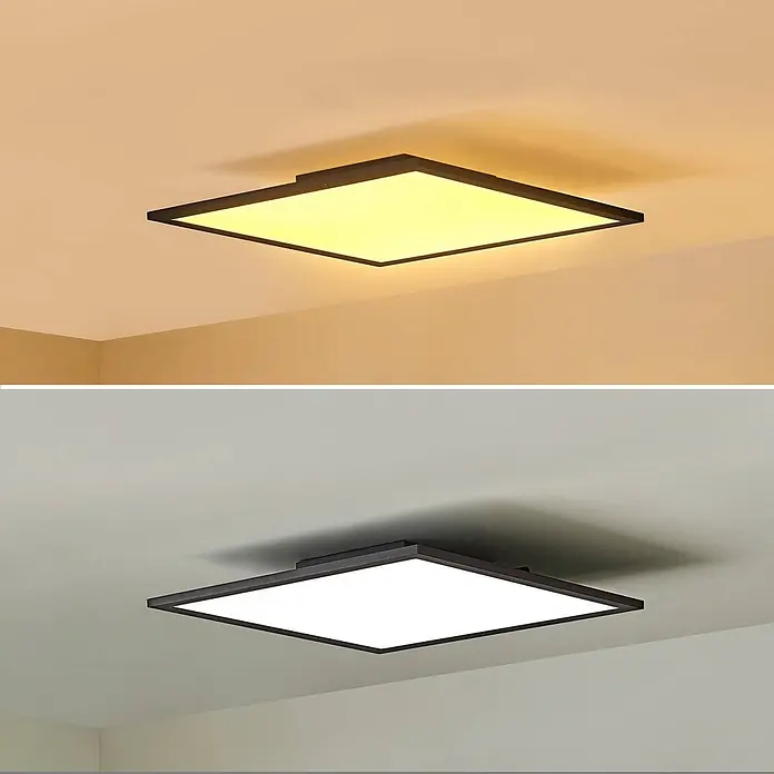 Lindby LED-Panel Lamin - L x B x H: 39,5 x 39,5 x 5 cm, schwarz - Quadratische LED-Deckenleuchte mit dunklem Rahmen, zeigt warmweißes und kaltweißes Licht.