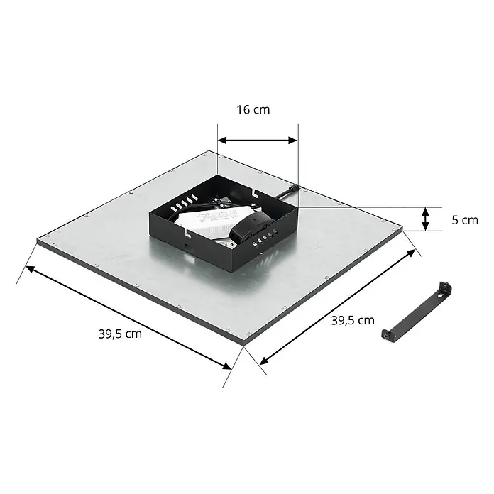 Lindby LED-Panel Lamin - L x B x H: 39,5 x 39,5 x 5 cm, schwarz - Quadratisches LED-Panel, 39,5 cm Seitenlänge, 5 cm tief, silberfarben mit schwarzem internen Treibergehäuse und separater Halterung.