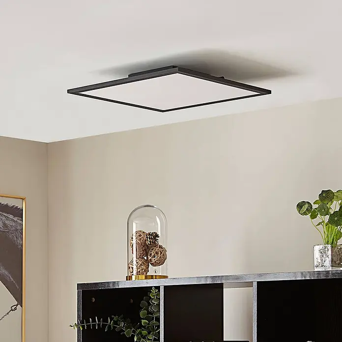 Lindby LED-Panel Lamin - L x B x H: 39,5 x 39,5 x 5 cm, schwarz - Moderne quadratische schwarze LED-Deckenleuchte mit weißem Diffusor.