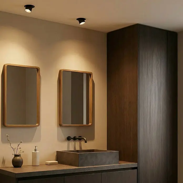 Lindby Deckenstrahler Thorid - schwarz, schwarz, GU10 - Zwei schwarze Deckenstrahler beleuchten einen modernen Badezimmer-Waschtischbereich mit zwei Spiegeln mit Holzrahmen und einem Betonwaschbecken.