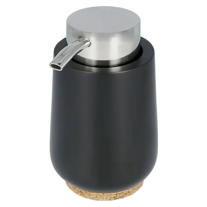 Venus Ivo Seifenspender - Polyresin, Schwarz - Eleganter Seifenspender in Schwarz mit einem Pumpkopf aus Edelstahl und einer Basis aus Kork für ein modernes Badezimmer-Design.