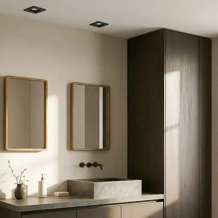 Lindby Deckenstrahler Thorid - schwarz, schwarz, GU10 - Zwei quadratische schwarze Einbauleuchten beleuchten eine moderne Badezimmerdecke über einem Waschtisch mit Spiegeln.