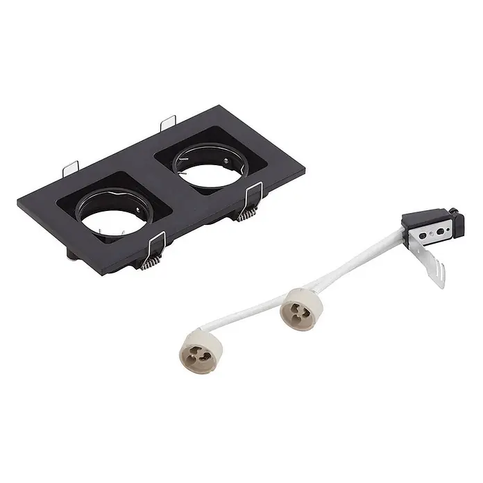 Lindby Deckenstrahler Thorid - schwarz, schwarz, GU10 - Schwarze, rechteckige Doppel-Einbauleuchte mit Federn und separatem Kabelbaum mit zwei GU10-Fassungen für die Deckenmontage.
