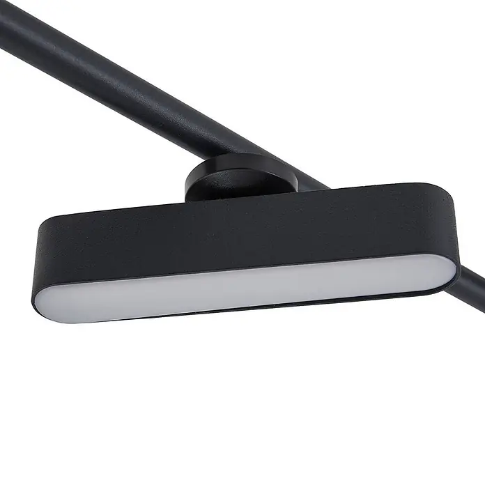 Lindby Deckenstrahler Eldrin - L x B x H: 152 x 13 x 13,2 cm, schwarz, schwarz - Nahaufnahme einer schwarzen, texturierten, rechteckigen LED-Leuchte mit abgerundeten Enden, an einer schwarzen Stange befestigt, mit einem weißen Leuchtstreifen.