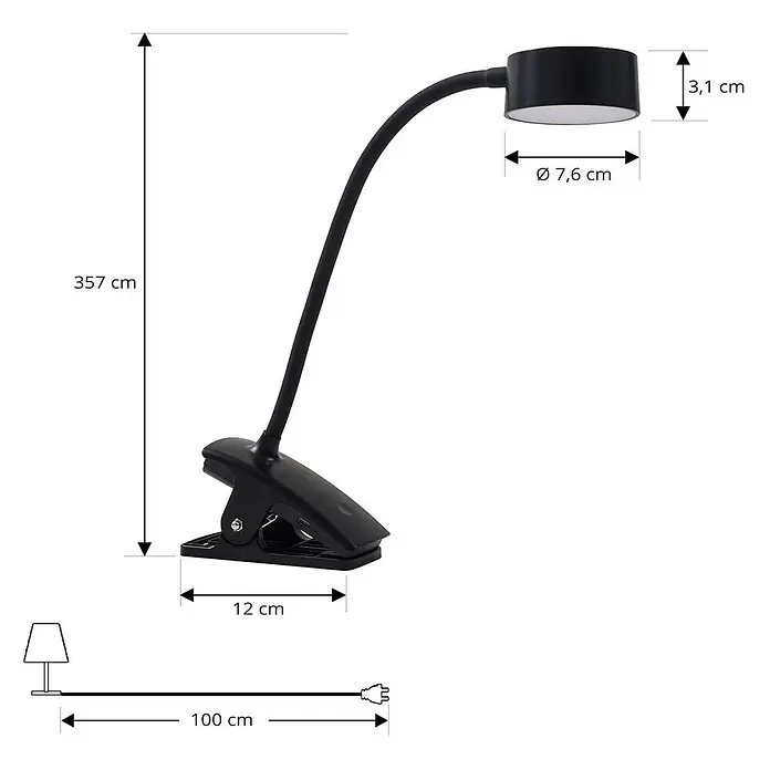 Lindby Klemmleuchte Maori - L x B x H: 12 x 7,6 x 35,7 cm, Farbe Gehäuse: schwarz - Schwarze Klemmleuchte mit flexiblem Arm und rundem Kopf, inklusive Netzkabel.