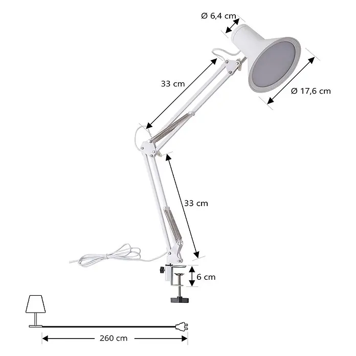 Lindby Klemmleuchte Undra - Farbe Gehäuse: weiß / opal - Weiße verstellbare Schreibtischlampe mit Klemmfuß und detaillierten Maßen.