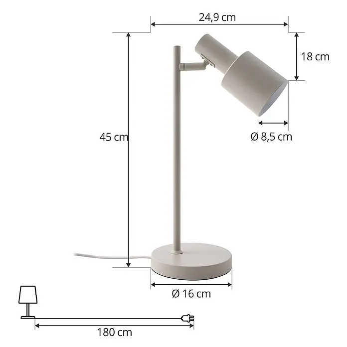 Lindby Tischleuchte Ovelia - creme / amber, creme / amber, E27 - Hellgraue Schreibtischlampe mit verstellbarem Kopf und rundem Fuß, Maße angegeben.
