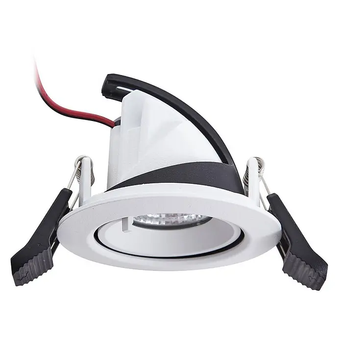 Arcchio Deckenstrahler Harcos - weiß / opal - Weißer und schwarzer LED-Einbaustrahler mit sichtbaren roten und schwarzen Kabeln und Deckenbefestigungsklammern.