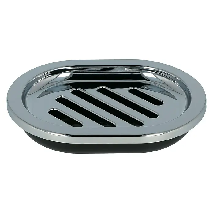 Venus Milano Seifenschale - Schwarz, Kunststoff, Verchromt - Eine ovale Seifenschale aus verchromtem Metall mit einem schwarzen Unterteil. Das Produkt zeichnet sich durch sein modernes Design aus.
