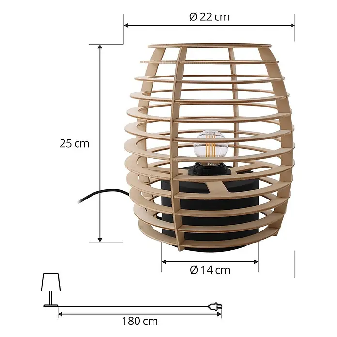 Lindby Tischleuchte Ediz - L x B x H: 22 x 22 x 25 cm, Holz hell, E27 - Tischleuchte aus Holzlamellen mit schwarzem Sockel und sichtbarer Filamentlampe. 25 cm hoch, Ø 22 cm oben.