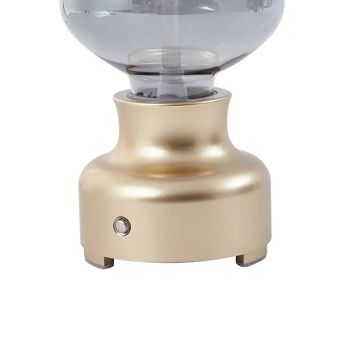 Lindby Tischleuchte Maxentius - L x B x H: 12 x 12 x 30 cm, messing / gold, alu / grau / zink - Goldfarbene Basis eines Diffusors mit klarem Glasaufsatz und silbernem Knopf.