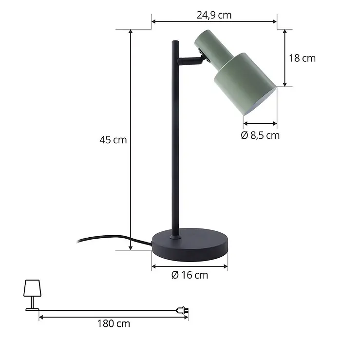 Lindby Tischleuchte Ovelia - schwarz, grün, E27 - Schwarze Tischlampe mit verstellbarem grünem Kopf, Maße und Kabellänge angegeben.