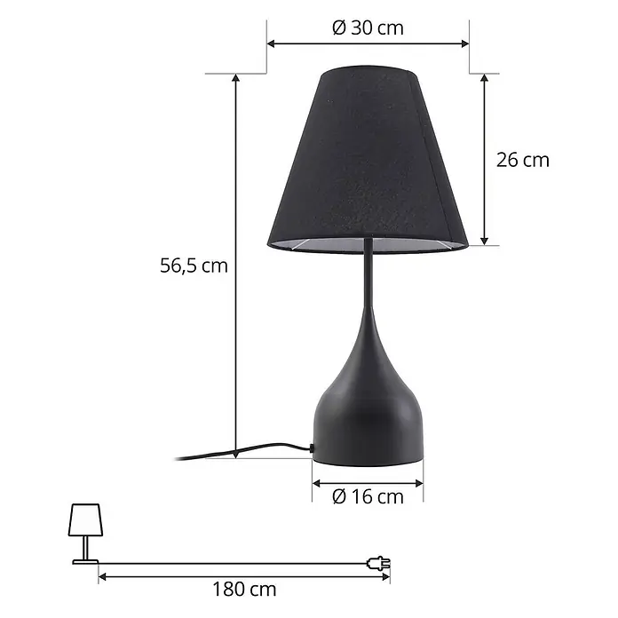 Lucande Tischleuchte Luoti - schwarz, schwarz, E27 - Schwarze Tischlampe mit schwarzem Schirm und Sockel, Produktmaße dargestellt.