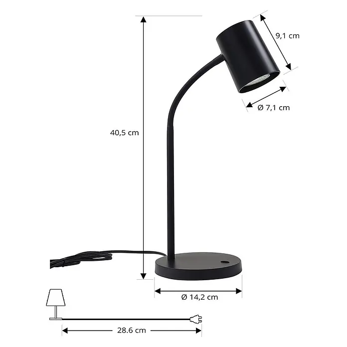 Lindby Tischleuchte Radka - L x B x H: 14,2 x 14,2 x 40,5 cm, schwarz, schwarz, GU10 - Schwarze Metall-Schreibtischlampe mit verstellbarem Arm, 40,5 cm hoch, 14,2 cm Sockel und 28,6 cm Kabellänge.