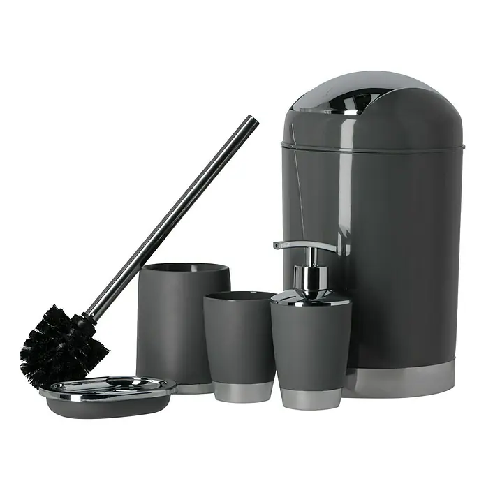 Venus Milano Seifenschale - Grau, Kunststoff, Verchromt - Ein elegantes Badezimmer-Set in Grau mit silbernen Akzenten, bestehend aus Seifenspender, Becher, Mülleimer, WC-Bürste und Seifenschale.