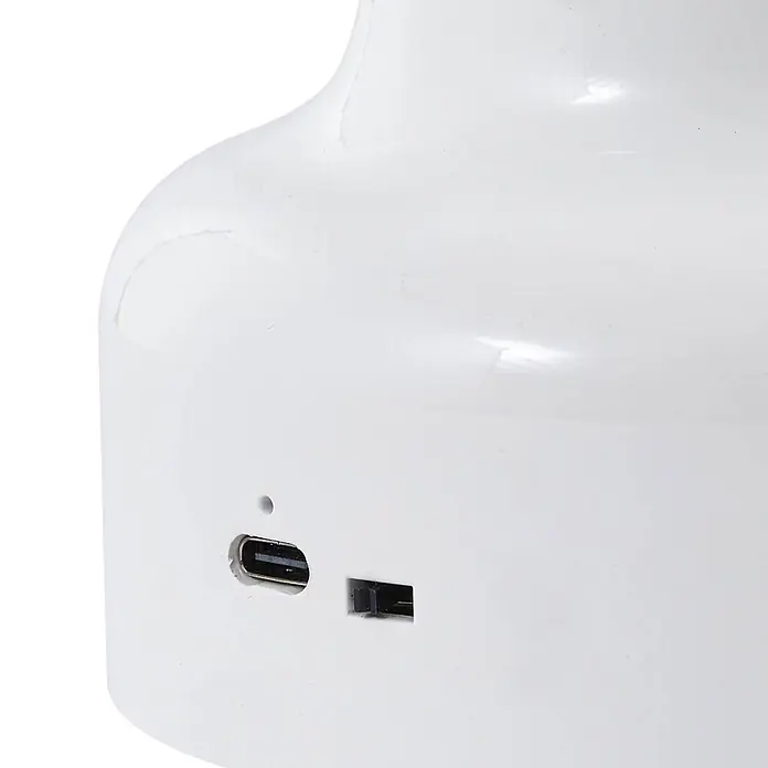 Lindby Tischleuchte Maxentius - L x B x H: 12 x 12 x 30 cm, creme / amber, klar / transparent - Weißes Gerät mit USB-C- und rechteckigen USB-Anschlüssen sowie einem kleinen Loch.