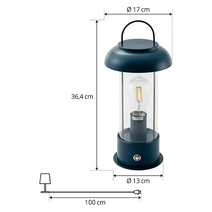 Lindby Tischleuchte Yvette - L x B x H: 17 x 17 x 36,4 cm, blau, E27 - Dunkelblaue tragbare Laterne mit Klarglas, Edison-LED-Birne, Griff und 100 cm Netzkabel.