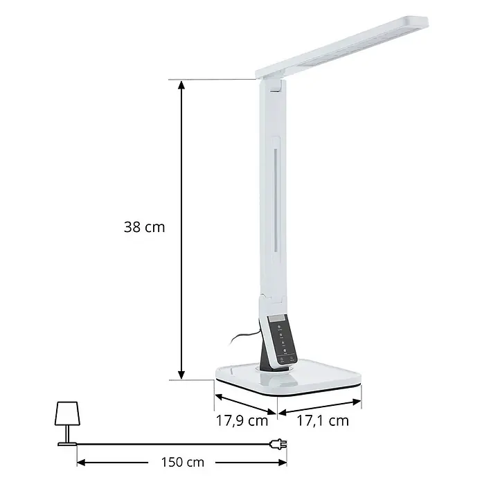 Lindby Tischleuchte Eleni - L x B x H: 18 x 17,2 x 45 cm, weiß / opal, weiß / opal - Weiße LED-Schreibtischlampe mit verstellbarem Arm, Maße: 38 cm Höhe, 17,9x17,1 cm Basis, 150 cm Netzkabel.