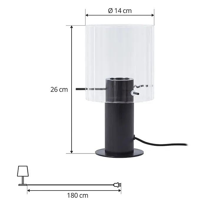 Lucande Tischleuchte Eirian - schwarz, klar / transparent, E27 - Schwarze Tischlampe mit klarem geripptem Schirm, 26 cm hoch, Ø 14 cm, 180 cm Kabel.