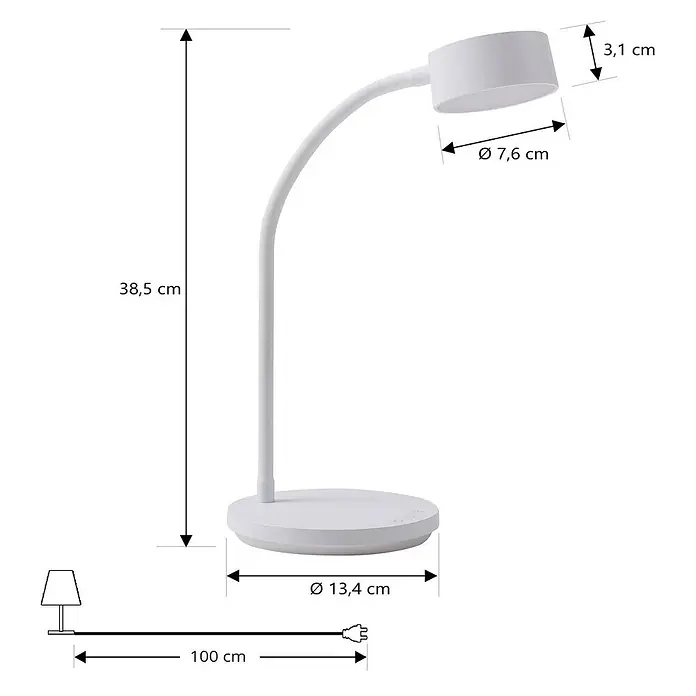 Lindby Tischleuchte Maori - L x B x H: 13 x 13 x 38,5 cm, weiß / opal, weiß / opal - Weiße flexible LED-Schreibtischlampe mit rundem Fuß. 38,5 cm hoch, Fuß Ø 13,4 cm, Lampenkopf Ø 7,6 cm x 3,1 cm, Kabel 100 cm.