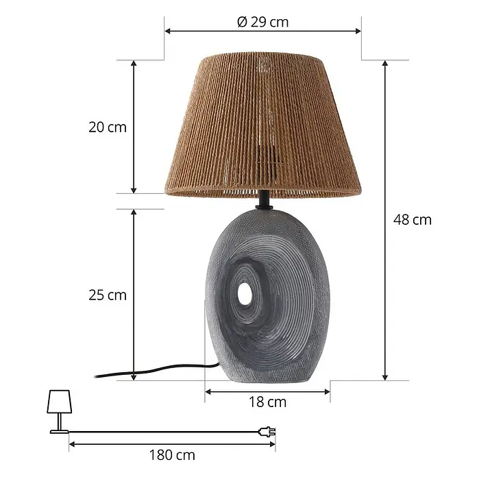 Lindby Tischleuchte Seasur - L x B x H: 29 x 29 x 48 cm, alu / grau / zink, braun / rost, E27 - Tischleuchte mit braunem geflochtenem Lampenschirm und grauem, strukturiertem Fuß mit Aussparung.