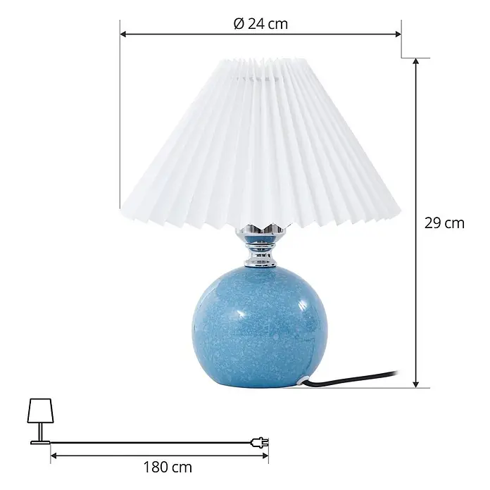 Lindby Tischleuchte Kerimi - L x B x H: 24 x 24 x 29 cm, blau, blau, E27 - Blaue gesprenkelte Keramik-Tischlampe mit plissiertem weißem Stoffschirm (Ø 24 cm), Gesamthöhe 29 cm.