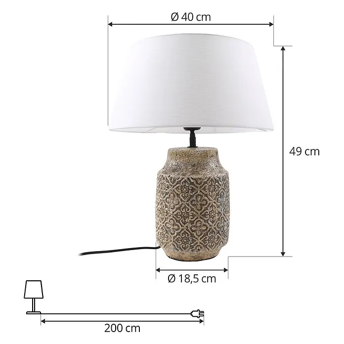 Lindby Tischleuchte Aelith - L x B x H: 40 x 40 x 49 cm, alu / grau / zink, weiß / opal, E27 - Tischlampe mit weißem Stoffschirm und texturiertem, verziertem beigebraunem Fuß. Höhe 49 cm, Ø 40 cm.