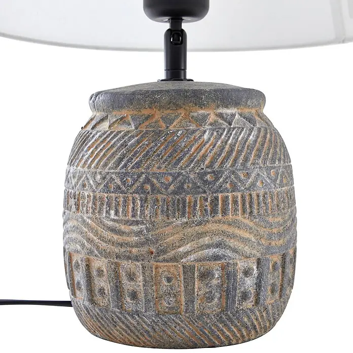 Lindby Tischleuchte Aelith - L x B x H: 30 x 30 x 36 cm, alu / grau / zink, weiß / opal, E27 - Texturierte Tischlampe mit ethnisch gemusterter, grau-brauner Basis und weißem Schirm.