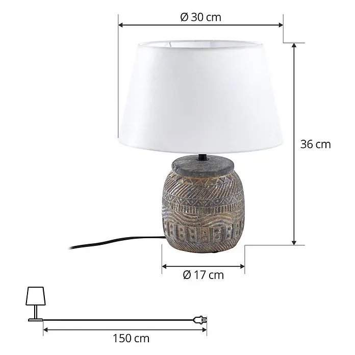 Lindby Tischleuchte Aelith - L x B x H: 30 x 30 x 36 cm, alu / grau / zink, weiß / opal, E27 - Tischleuchte mit weißem Stoffschirm und texturiertem dunklem Sockel, Maße und 150 cm Kabel angezeigt.