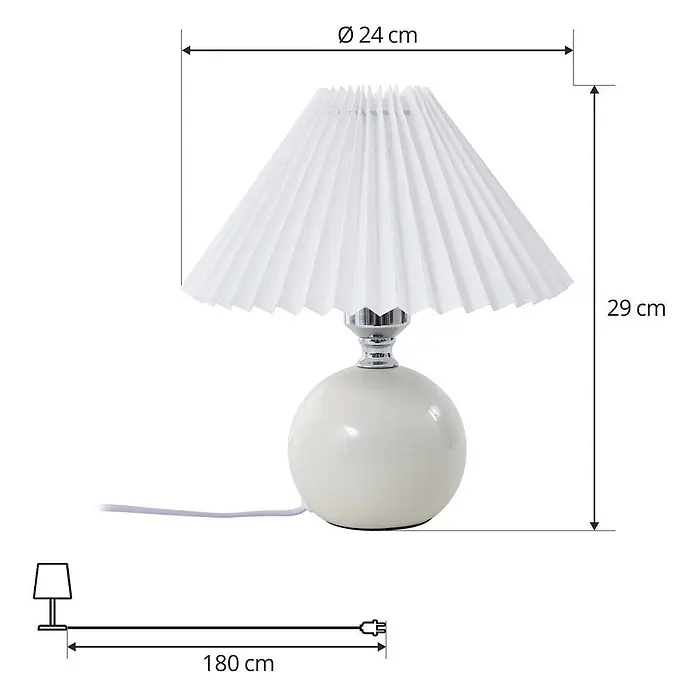 Lindby Tischleuchte Kerimi - L x B x H: 24 x 24 x 29 cm, weiß / opal, weiß / opal, E27 - Weiße Tischlampe mit plissiertem Schirm und rundem Keramikfuß, Maße Ø 24 cm, Höhe 29 cm, Kabel 180 cm.
